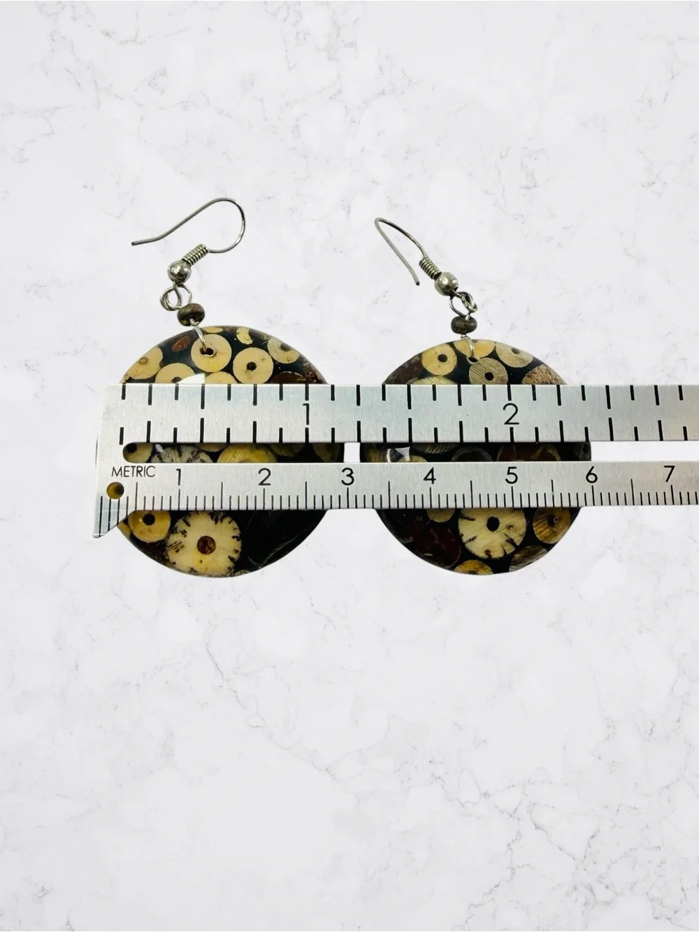 Round Mosaic Coconut Shell Brown Beige Disc Hook Earrings Boho Tribal Native